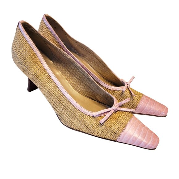 Stuart Weitzman Woven Croc Embossed Cap Toe Y2K Kitten Heels - Picture 2 of 9